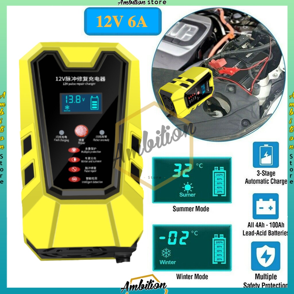 12V 6A Cas Aki Mobil Motor Pulse Repair aki Otomatis  Power Digital LCD Display