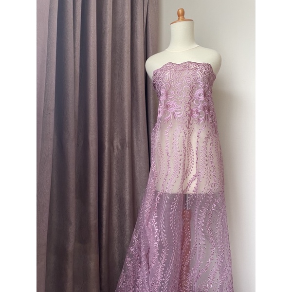 Bahan Kebaya Brukat Brokat Premium Tule Bordir Gloria Luxury Warna Pinkish Ungu Lilac