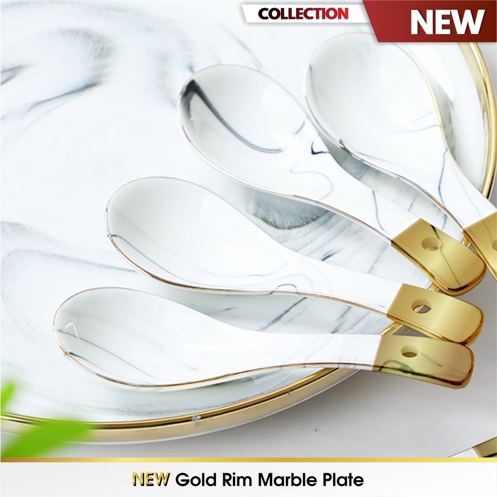 IMPERFECT Piring Mangkok Makan Keramik Ceramic Bowl Cantik Motif Marmer Marbel Marble Plate Gold Rim