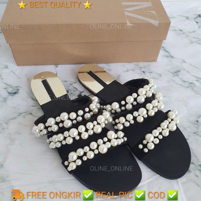 Sandal mutiara 3 tali shiny pearl flat shoes ujung bulat zr glamor kekinian