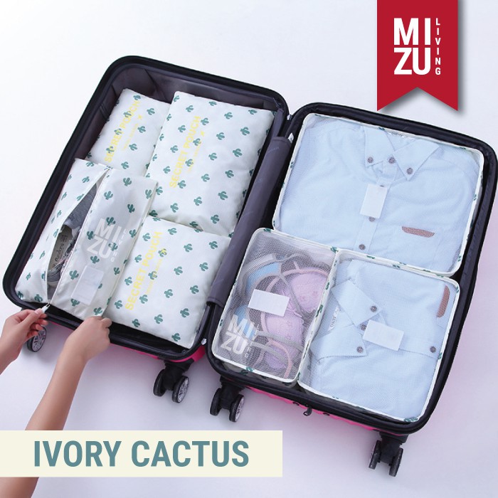 SECRET POUCH Travel Packing Cubes 7in1 Storage Bag Organizer Tas Koper MOTIF-IVORY Cactus
