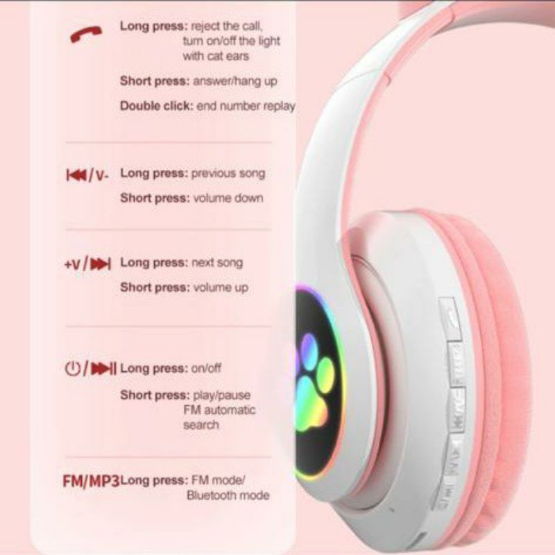 HEADSET BANDO CAT EAR HEADPHONE STN-28 BLUETOOTH LED WIRELESS STEREO BASS