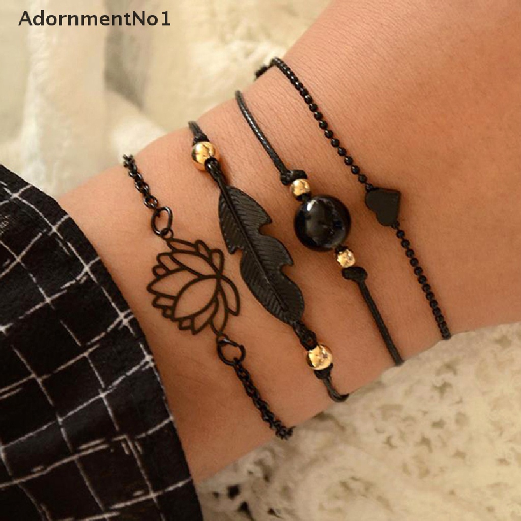 (AdornmentNo1) 4pcs / set Gelang Tangan Rantai Gaya Boho Motif Bulu / Bunga Teratai / Geometri Untuk Wanita