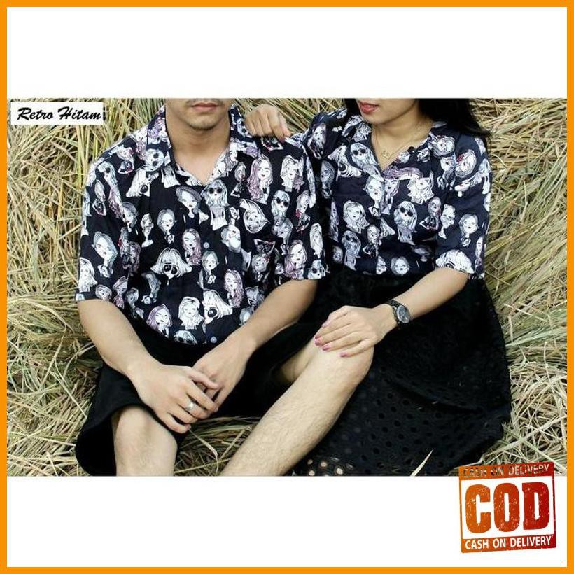 Μ450– Fortklass Baju Atasan Kemeja Pastel Couple Wanita Pria / Baju Caouple - Retro Hitam ­