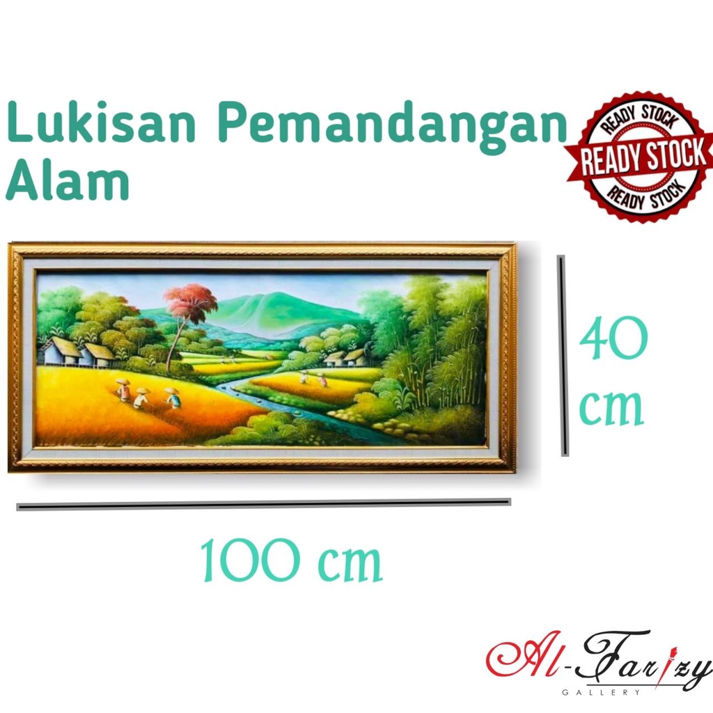 Lukisan Pemandangan Alam Sawah Air Terjun Panen Minimalis Ukuran 40x100 cm lengkap dengan frem