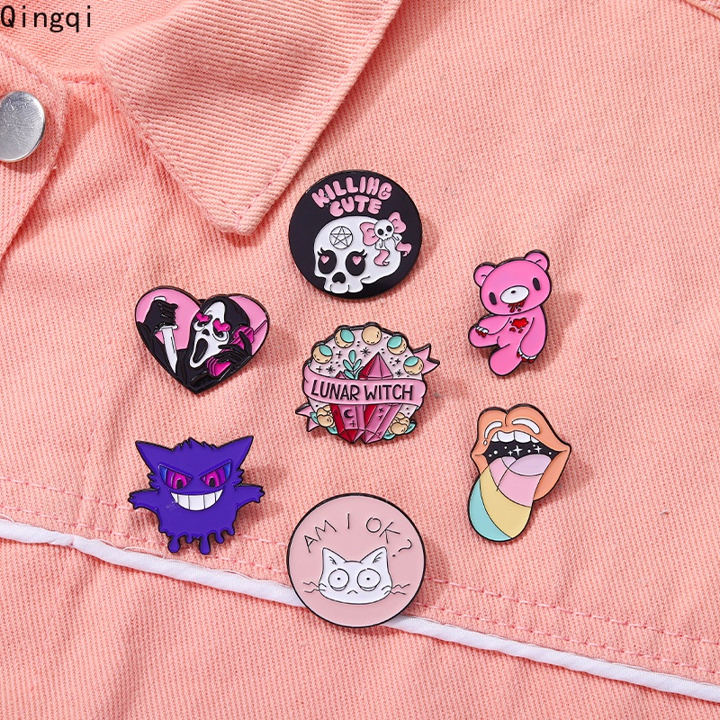Bros Pin Enamel Desain Kartun Beruang Pink Tengkorak Bibir Warna-Warni Gaya Punk Untuk Pakaian