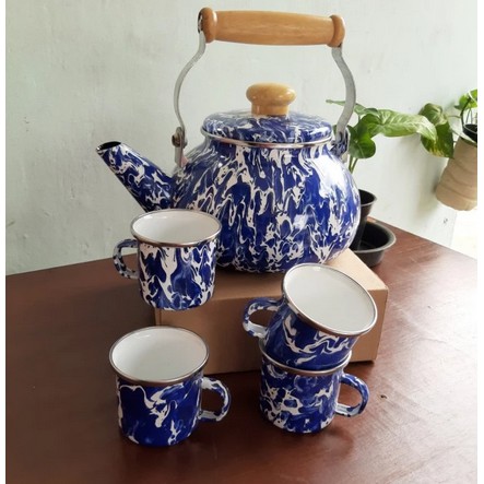 TEKO CERET ENAMEL SENG KALENG SET 4 MUG CANGKIR GELAS 6CM BLIRIK BLURIK BURIK BIRU JADUL KUNO ANTIK