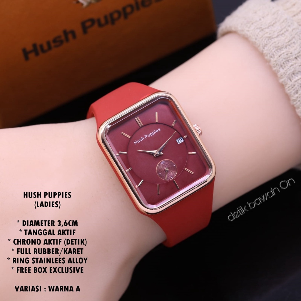 JAM TANGAN WANITA HUSH PUPPIES TALI RUBBER BODY SEGI  TANGGAL &amp; CHRONO AKTIF