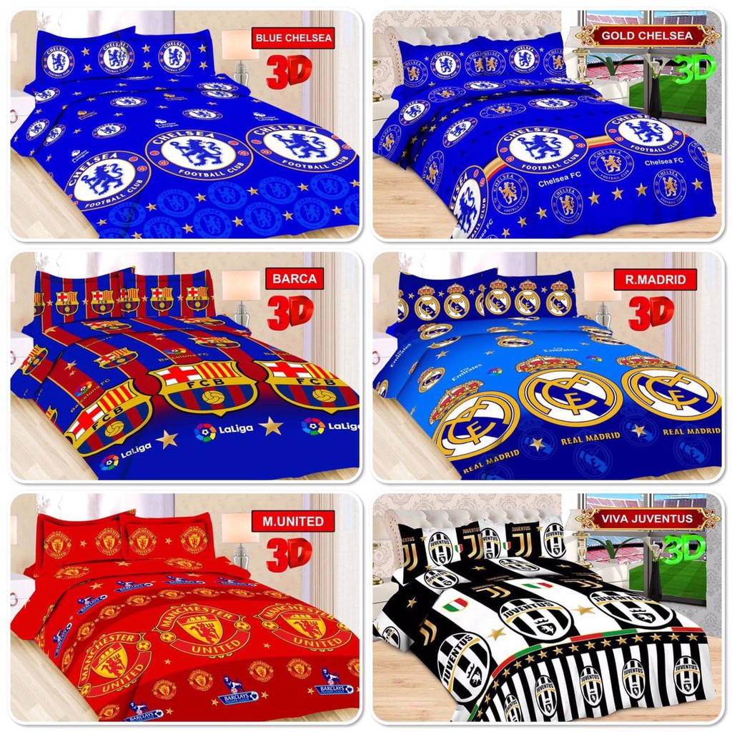 1set seprai motif bola chelsea ukuran 180x200 2sarung bantal 1sarung guling