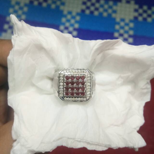 Cincin berlian pria mata utama red garnet keliling berlian eropa ring perak ring size 19/20
