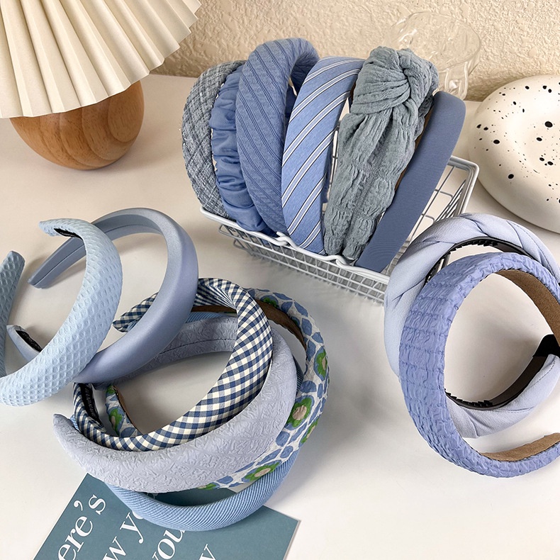 BANDO VARIASI BIRU 02 BANDANA BLUE COLLECTION HEADBAND KAIN POLOS MUDA TUA HAIR BAND KOREA PADDED BENDO MOTIF GARIS BUNGA BULU LEMBUT LEBAR WIDE