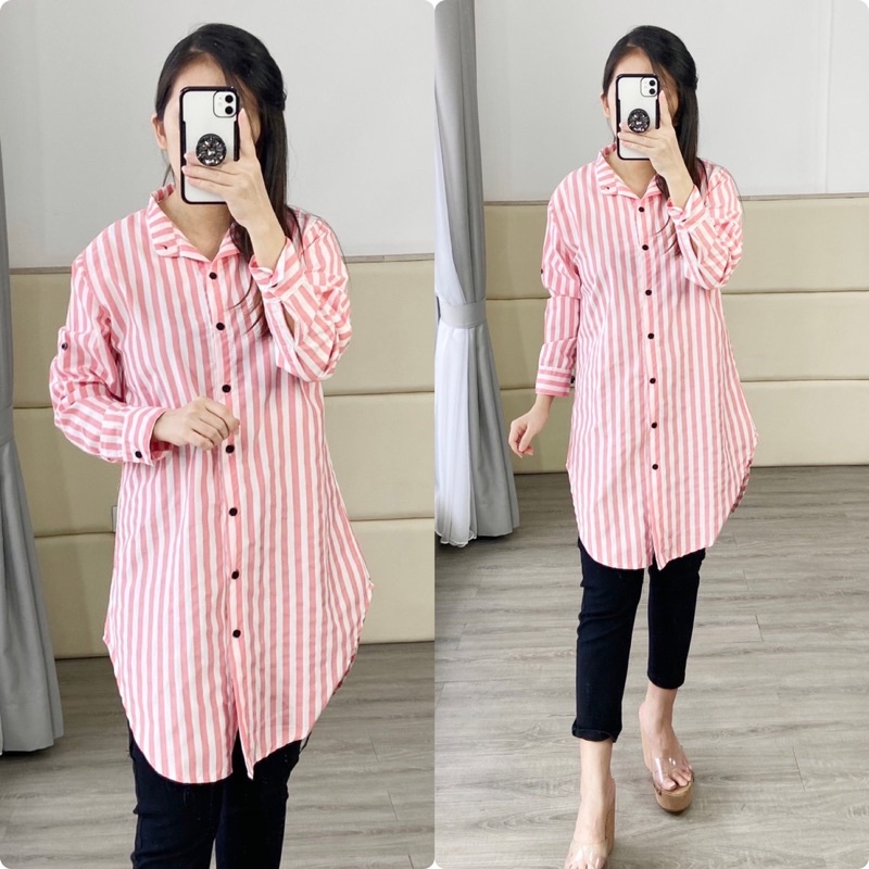 real pic kemeja tunik salur / kemeja panjang wanita motif salur / rata tunik