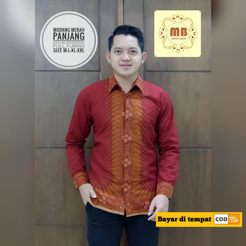 kemeja batik pria modang merah, batik lengan panjang