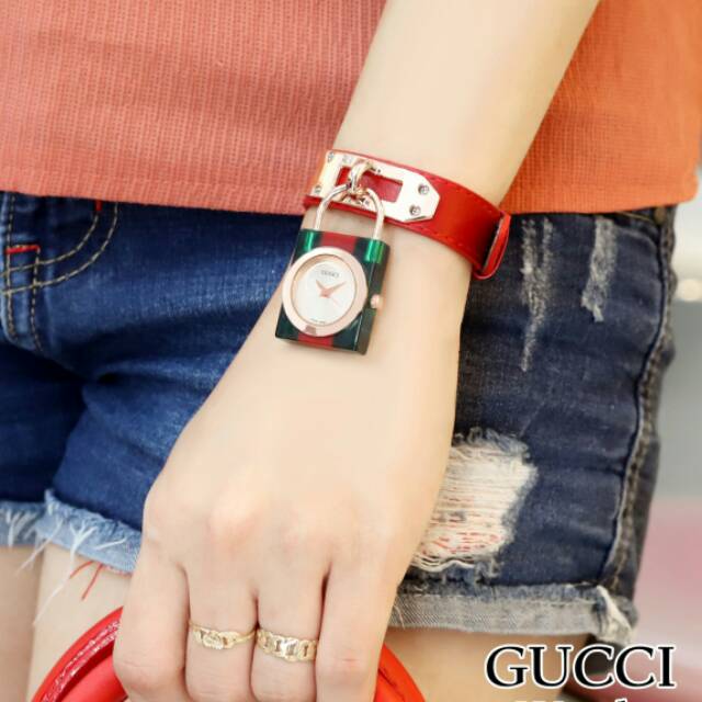 Jam tangan wanita cewek guccii gembok gelang tali kulit import premium waterresistant stanlessteel