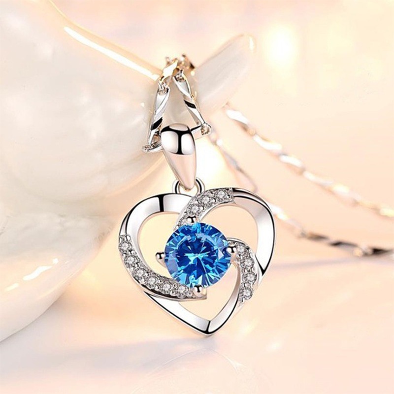 Kalung Liontin Hati Berlian Imitasi Safir Korea Wanita Aksesoris Fashion Necklace