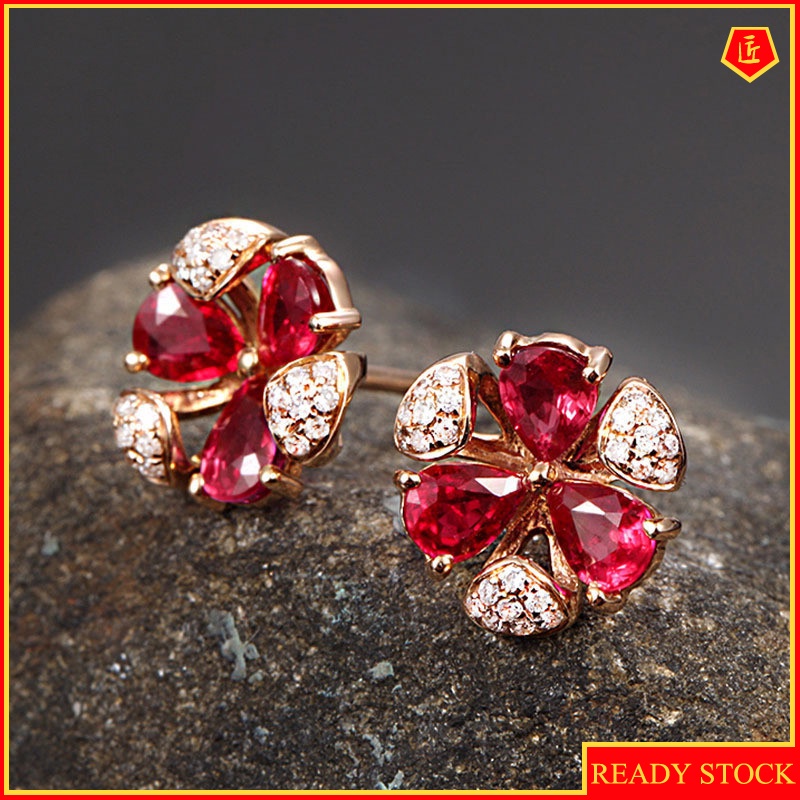 [Ready Stock]Elegant Graceful Ruby Stud Earrings 18K Rose Gold