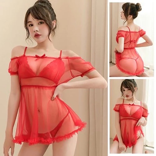 Set Lingerie Wanita Sexy transparan Strapless blus Renda Mini babydoll Baju tidur+Open Bikini A506-1