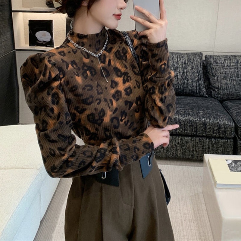 Suhao Amerika Atasan Retro Hong Kong Gaya Macan Tutul Cetak Setengah Turtleneck Bottoming Kemeja Wan