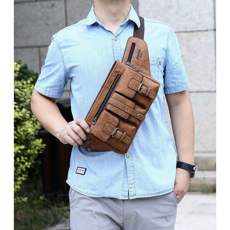 Tas Selempang Slingbag Waist Bag Chestbag Pinggang Kulit Pergi Travel Pria Cowok Laki Jeep 2305