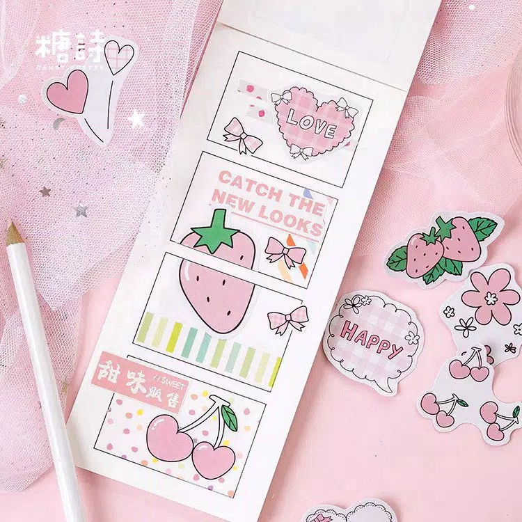 

45 PCS Cute Pink Strawberry Theme Sticker - Deco Stiker Pink Bullet Journal DIY Stiker