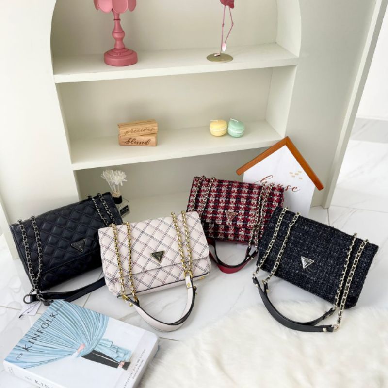 GB248 Tas Selempang Wanita Guess Cessily Tweed Convertible Shoulder Bag