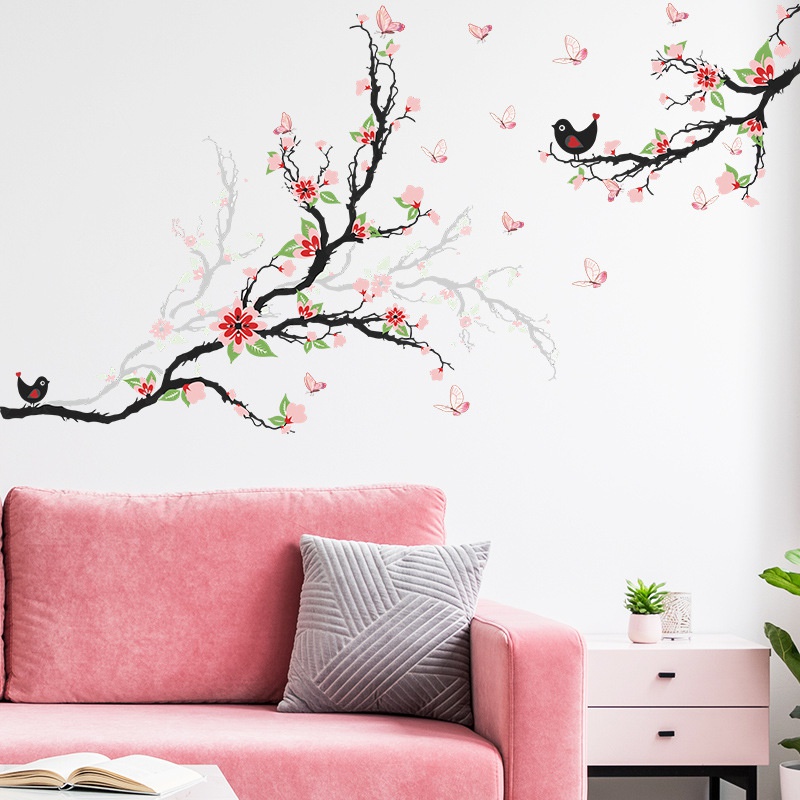 2pcs / set Stiker Dinding Desain Bunga Butterfly Bird Branch Untuk Dekorasi Ruang Tamu / Kamar Tidur