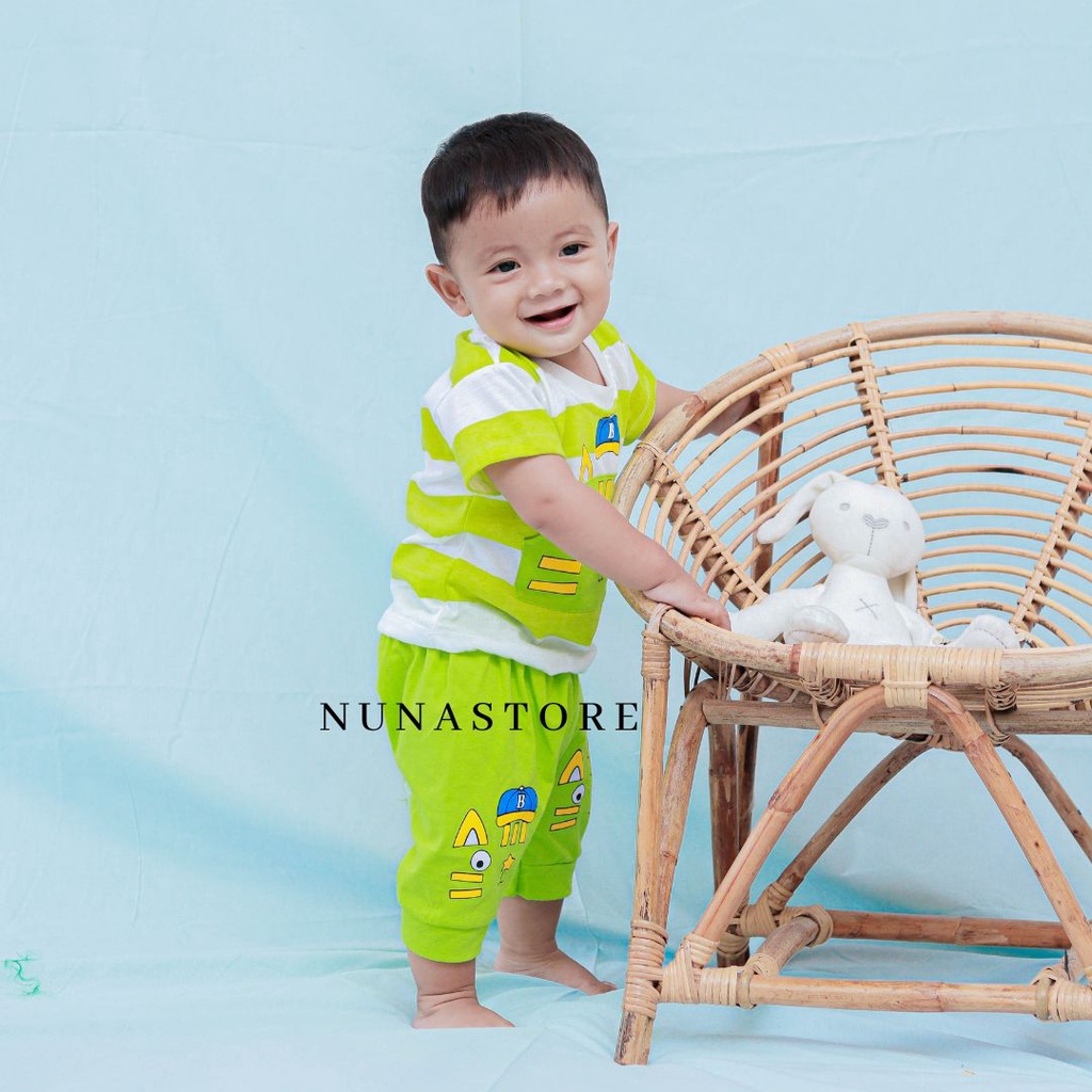 Nuna Store Setelan Baju Celana Bayi Anak Laki-laki Usia 3-12 bulan S886 Motif Belang