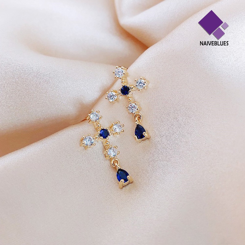 Anting Stud Sapphire Berlian Imitasi Bentuk Salib Untuk Wanita
