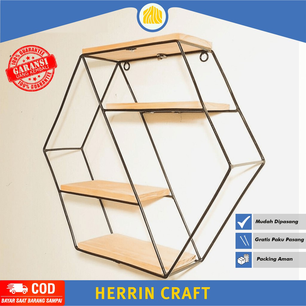 Rak Hexagonal Ruang Tamu Kamar Tidur Minimalis Tempel Besi Kayu bunga