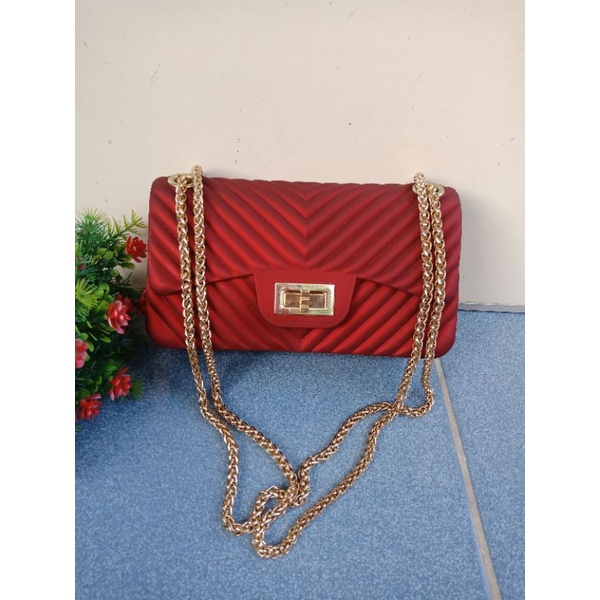 SHOULDER /SLING RANTAI JELLY MERAH ALA CHANEL, TAS JELLY, PRELOVED ALA CHANEL,  PRELOVED TAS SLING