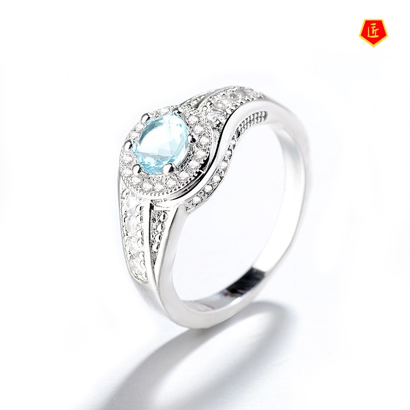 [Ready Stock]925 Silver Ring Full Diamond Spring Shape Inlaid Blue Gem