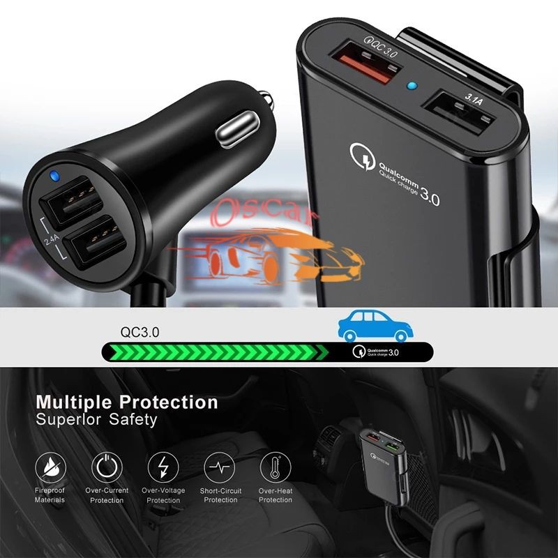 QC3.0 + 2.4A + 3.1A Charger Mobil Belakang Warna Hitam kabel 1.8m 4 SUB