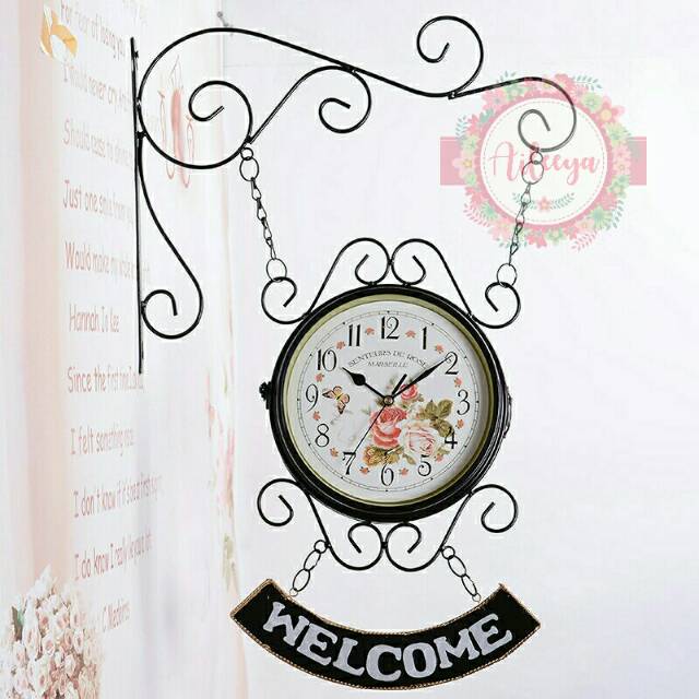 Jam gantung shabby vintage 2 sisi model Welcome lengkung