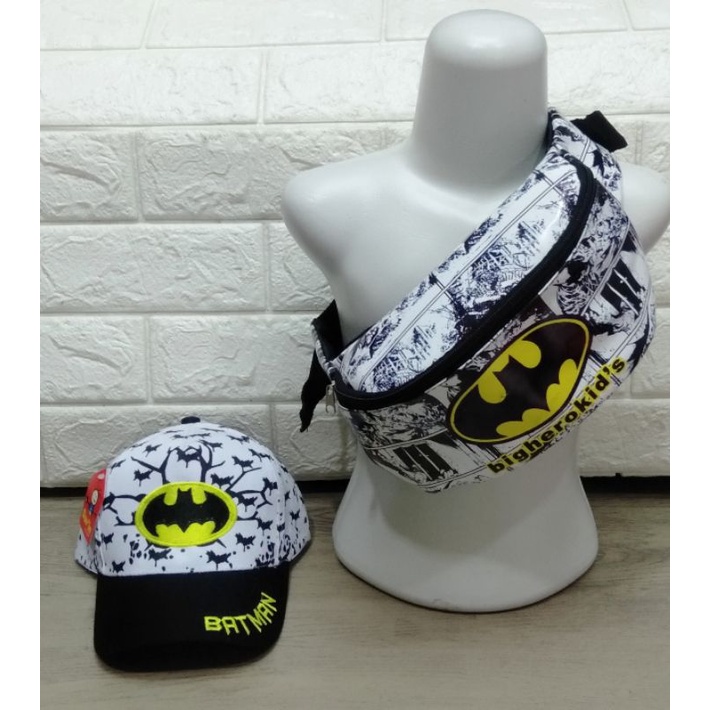 Tas Batman waterproof anti air 2in1 waistbag anak laki-laki tas dan topi bordir