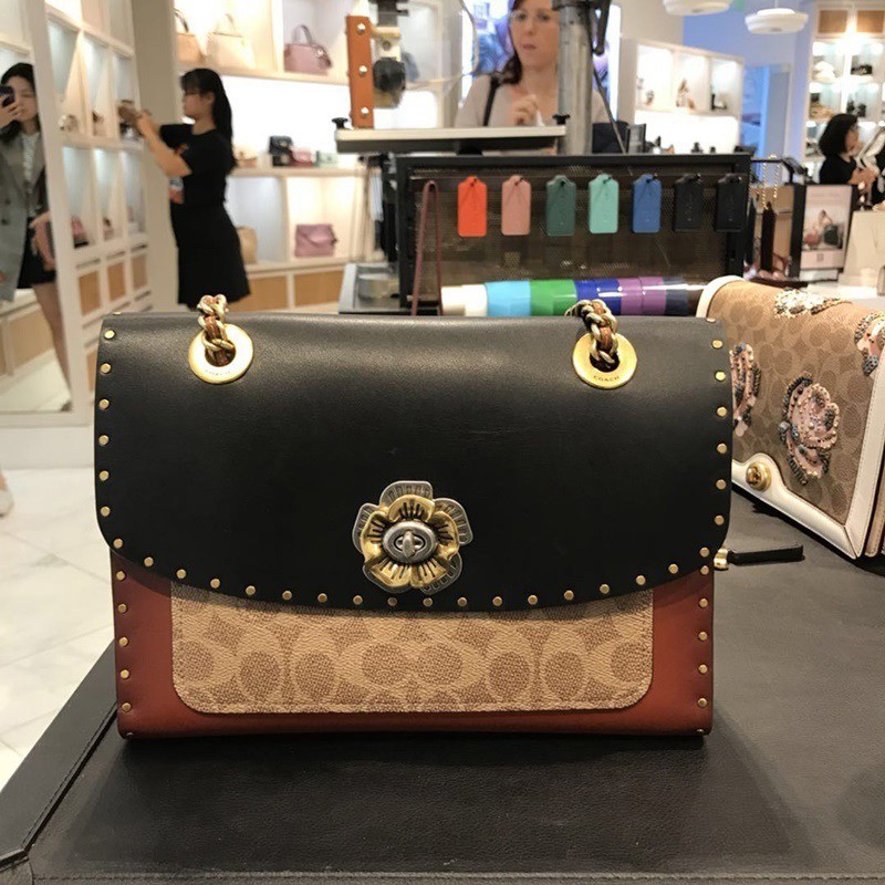 Coach Parker Shoulder Bag In Colorblock Signature Canvas With Rivets And Snakeskin Original Bag Tas 