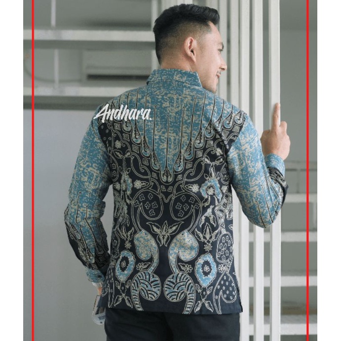 Kemeja Baju Batik Pria Cowok Lengan Panjang Slimfit Kasual Premium PERISAI BIRU 39