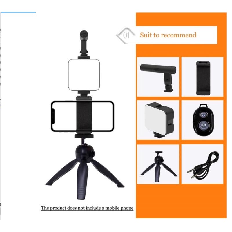 KIT01 Vlogging KIT Paket Vlog 5 Item LED Video Light Phone Holder Tripod Microphone Remote Shutter