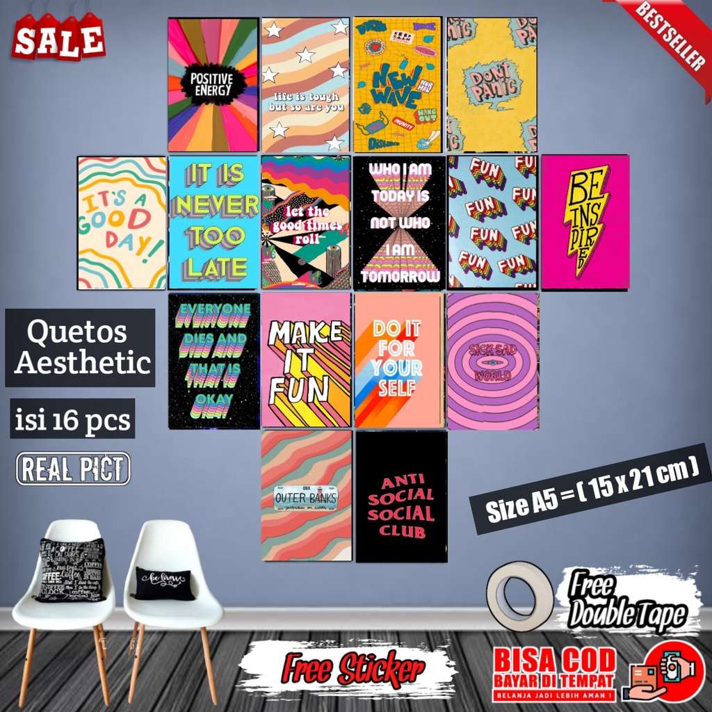 Poster Dinding  Quetos Aesthetic 1 Paket Isi 16 pcs Gambar HD | Poster Aesthetic | Poster Vintage | 