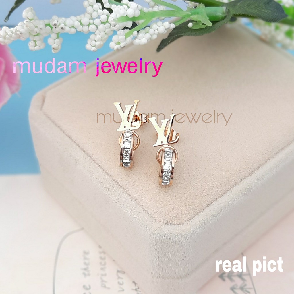 Anting Tusuk Titanium L* Ring Kristal Artifisial Warna Rose Gold