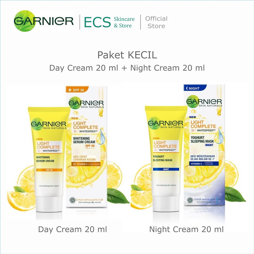 (Dapat 2 pcs Cream Siang + Malam) Paket Garnier LIGHT BRIGHT COMPLETE Day Cream &amp; Night Cream Sleeping Mask - 50 ml / 20 ml - Cream Garnier Kuning Krim Pagi Siang &amp; Malam BPOM Ukuran Besar / Kecil
