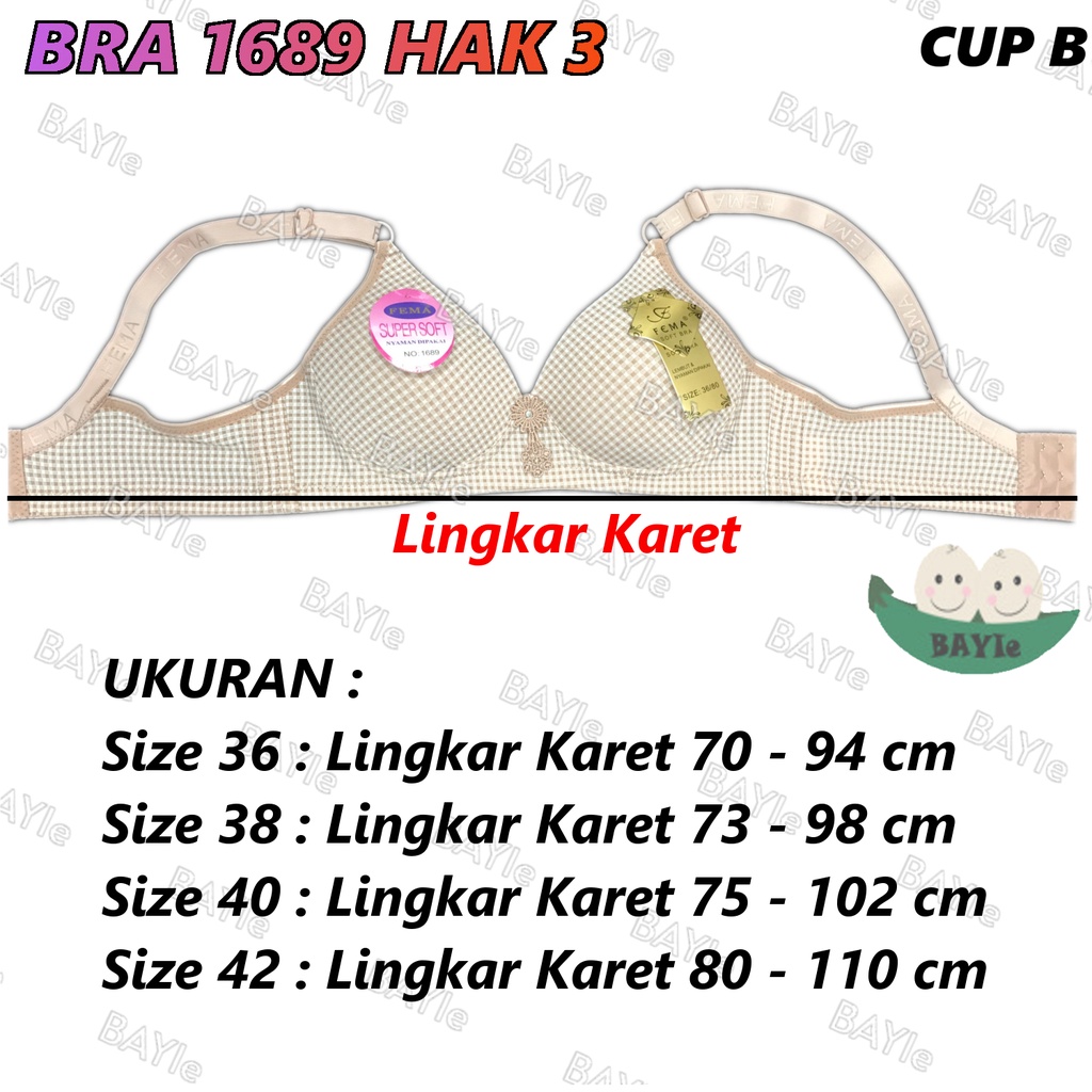 3 PCS BH / Bra Wanita Cewek Dewasa FEMA 1689/6013 Kotak Cup B Busa Sedang Tanpa Kawat Kaitan 3 Size 36 - 44