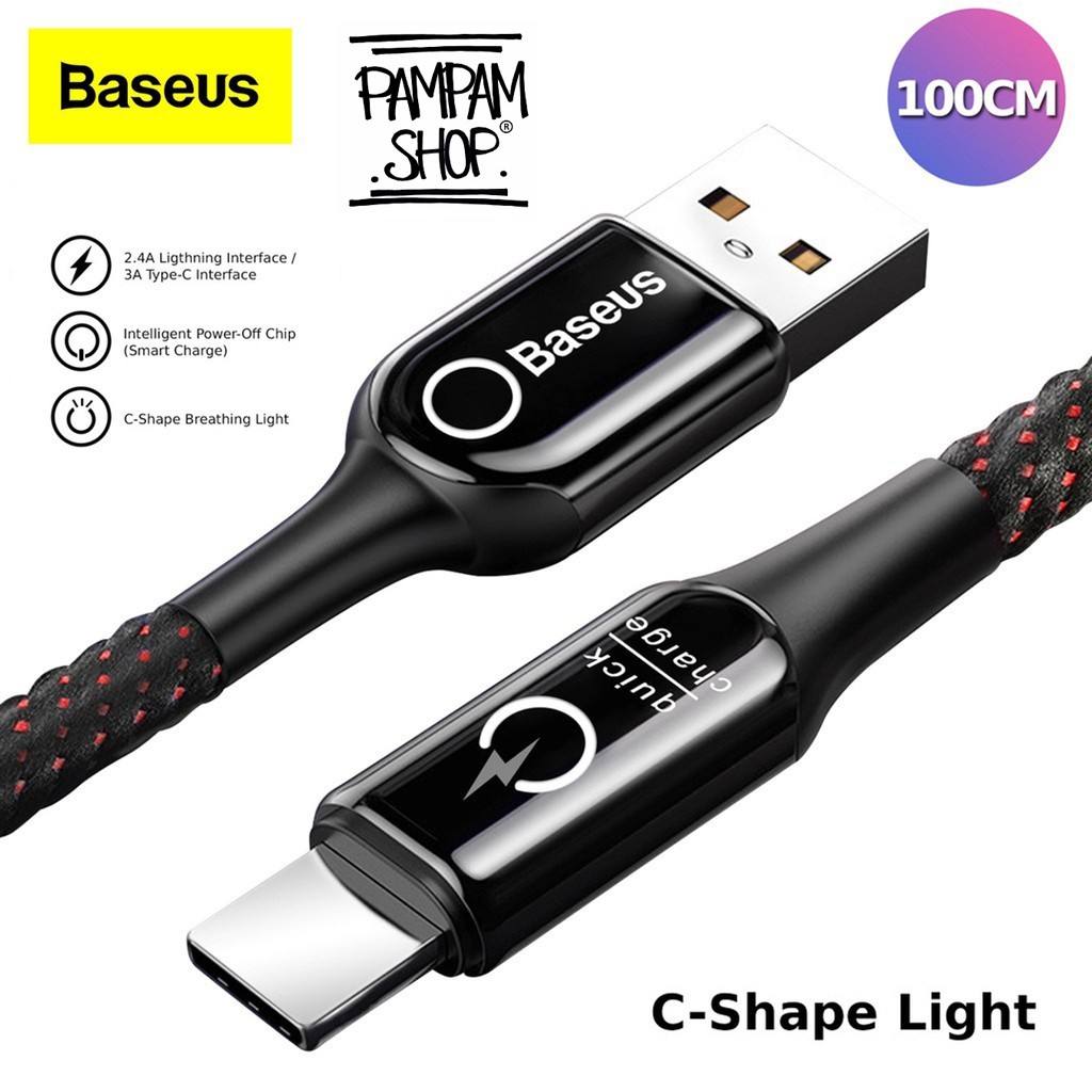 BASEUS ORIGINAL Kabel Data C Shaped Light Intelligent Power Off Type C USB Fast Charging Quick Tipe