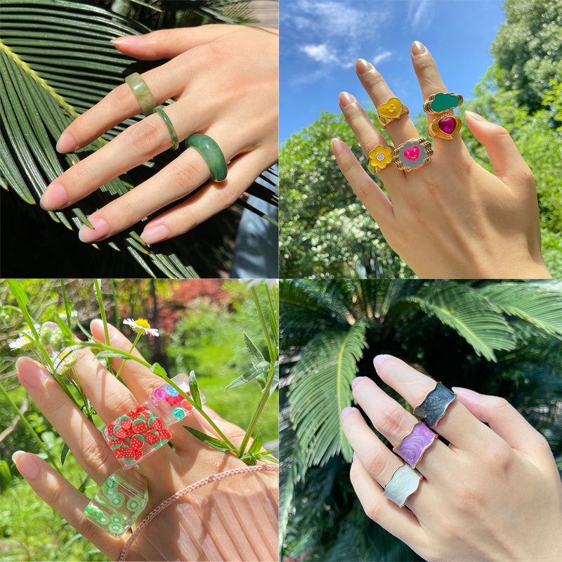 Classic Acrylic Resin Ring Set Colorful Geometric Square Round Women Party Jewelry Accessories