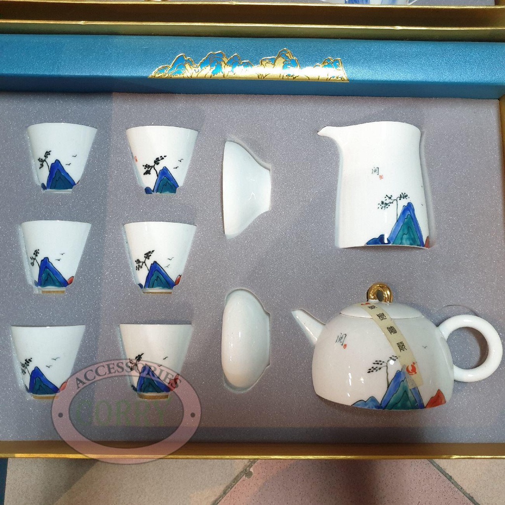 Teko Cangkir Tea Set Teh Tepai Putih Gunung Biru 6 Cangkir Keramik