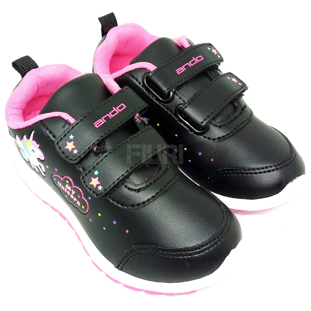 FIURI - ANDO ORIGINAL -  MINICORN PEREKAT 29-32 HITAM PINK - SEPATU SNEAKERS KANVAS SOL KARET ANAK KECIL PEREMPUAN  - SEPATU KUDA UNICORN KETS LUCU FASHION TRENDY - SEPATU SEKOLAH PAUD TK KRETEKAN PEREKAT CEWEK MURAH PROMO DISKON BONUS KAOS KAKI