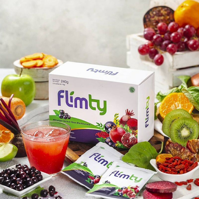 Flimty Fiber | Detox | Antidioksidan minuman serbuk diet pelangsing rasa blackcurrant / raspberry - 1 box isi 16 sachet