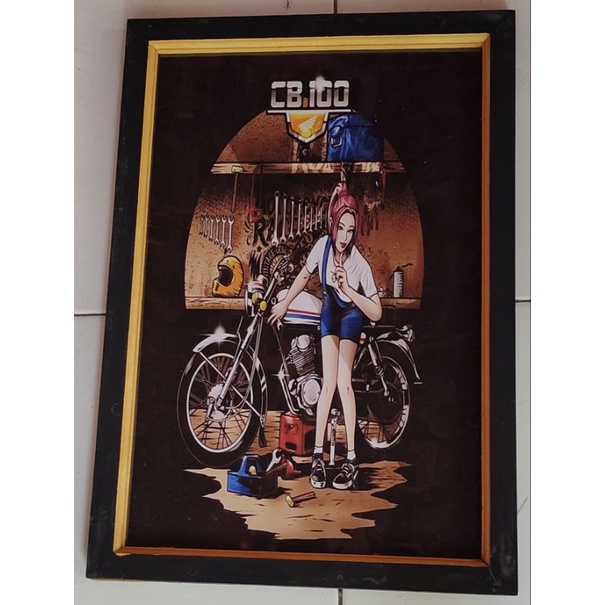 Hiasan dinding poster Motor CB klasik modern plus bingkai ukuran 53x35