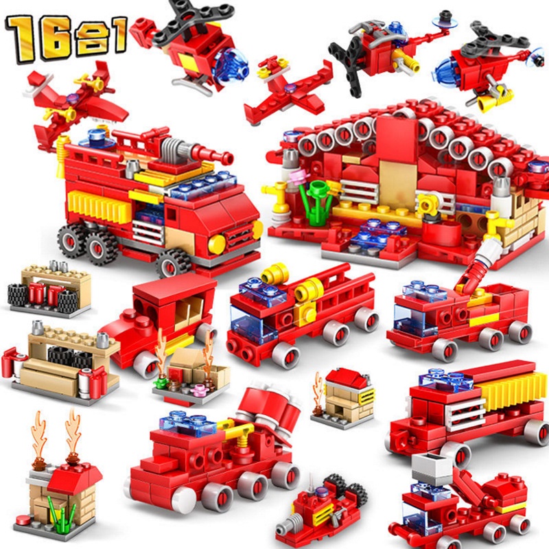 16in1 City Fire Station Building Blocks Set Truk Pemadam Kebakaran Pesawat Brinquedos Hobby Bricks Mainan Anak