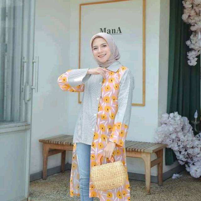 NUNA TWOTONE STRIPE TUNIK KATUN RAYON IMPORT MIX *MURAH BERKUALITAS * (BONUS LIP PAINT PREMIUM)
