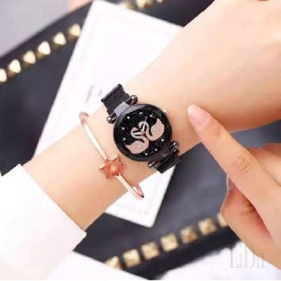 Jam Tangan Wanita Korea Strap Magnet Swarovskiy Double Angsa